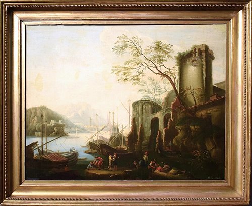 Paesaggio costiero con porto  e rovine